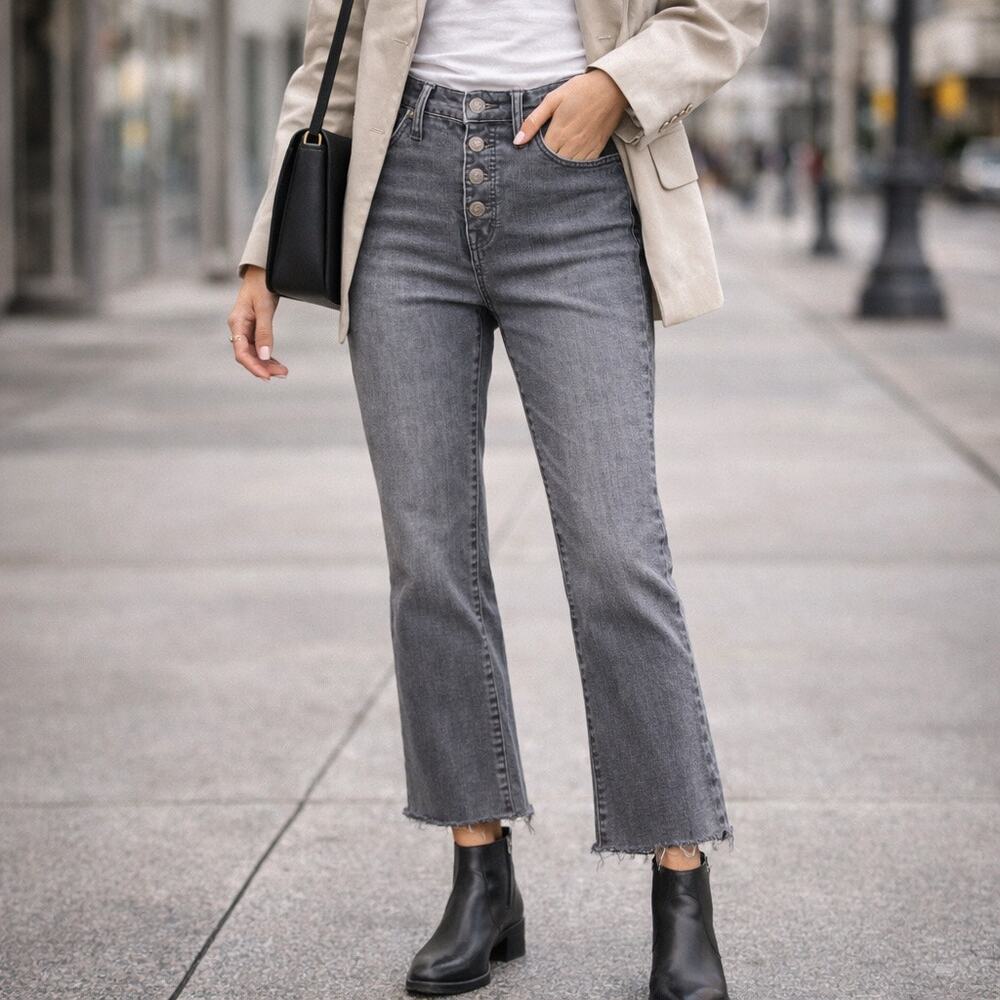 Madewell Cali Demi Boot Jeans Gray Button Fly Cropped Flare Raw Hem Size 28